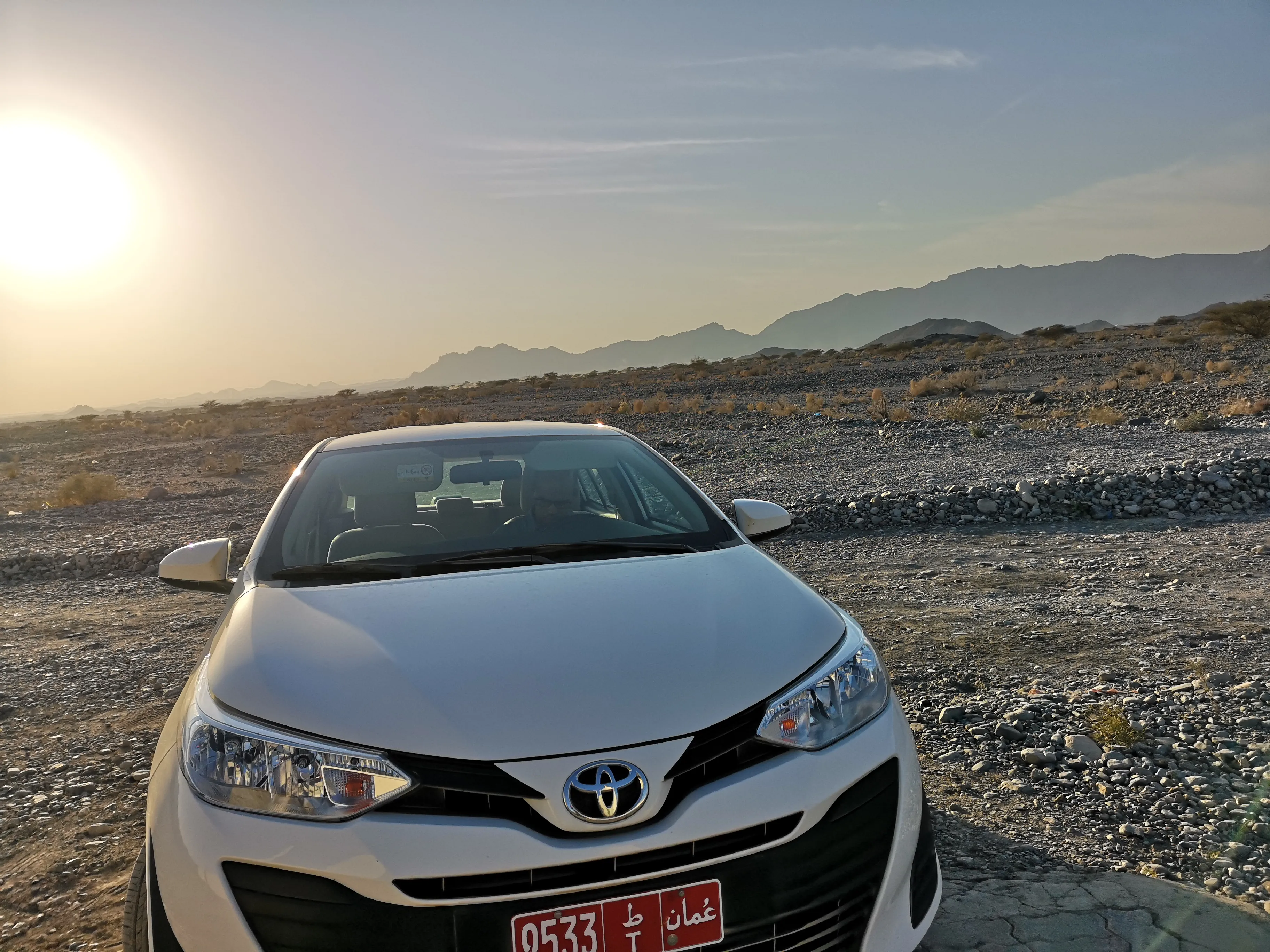 Our rental car - beware almost all cars in Oman are white Toyotas. This can result in some confusion when in crowded parking lots full of white Toyotas.